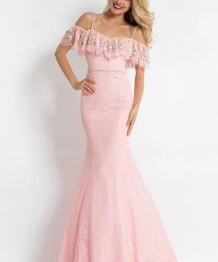 Rachel Allan - 6111 Ruffled Off Shoulder Embroidered Gown