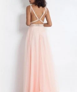 Rachel Allan - 6118 Strappy Open Back Beaded Top Tulle Gown - 1 Pc Blush In Size 0 Available Formal Gowns