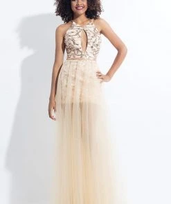 Rachel Allan - 6135 Sequined Halter Gown With Overskirt Formal Gowns