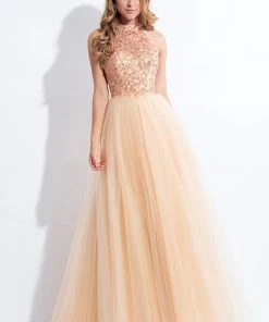Rachel Allan - 6178 Beaded High Neck Tulle Gown