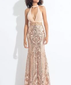 Formal Gowns Rachel Allan - 6190 Plunging Halter Sequined Jersey Gown