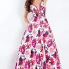 Rachel Allan - 6196 Floral Print Beaded Deep V-neck Ballgown