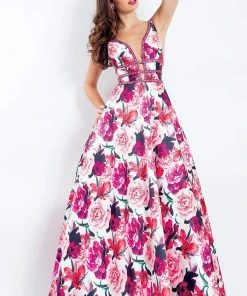 Rachel Allan - 6196 Floral Print Beaded Deep V-neck Ballgown