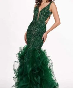 Formal Gowns Rachel Allan - 6420 Beaded Deep V-neck Ruffled Tulle Mermaid Dress