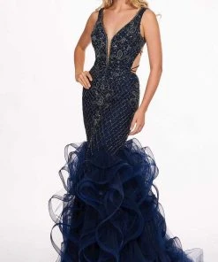 Formal Gowns Rachel Allan - 6420 Beaded Deep V-neck Ruffled Tulle Mermaid Dress 12 Formal Gowns Rachel Allan - 6420 Beaded Deep V-neck Ruffled Tulle Mermaid Dress