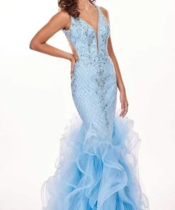 Formal Gowns Rachel Allan - 6420 Beaded Deep V-neck Ruffled Tulle Mermaid Dress 14 Formal Gowns Rachel Allan - 6420 Beaded Deep V-neck Ruffled Tulle Mermaid Dress