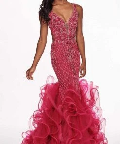 Formal Gowns Rachel Allan - 6420 Beaded Deep V-neck Ruffled Tulle Mermaid Dress 16 Formal Gowns Rachel Allan - 6420 Beaded Deep V-neck Ruffled Tulle Mermaid Dress