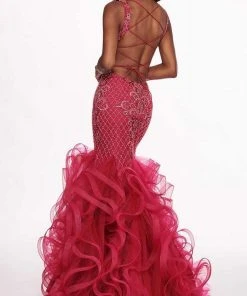 Formal Gowns Rachel Allan - 6420 Beaded Deep V-neck Ruffled Tulle Mermaid Dress 17 Formal Gowns Rachel Allan - 6420 Beaded Deep V-neck Ruffled Tulle Mermaid Dress