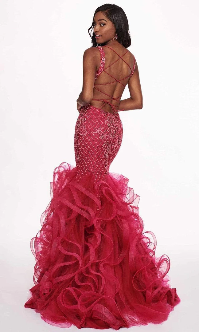 Formal Gowns Rachel Allan - 6420 Beaded Deep V-neck Ruffled Tulle Mermaid Dress 10 Formal Gowns Rachel Allan - 6420 Beaded Deep V-neck Ruffled Tulle Mermaid Dress