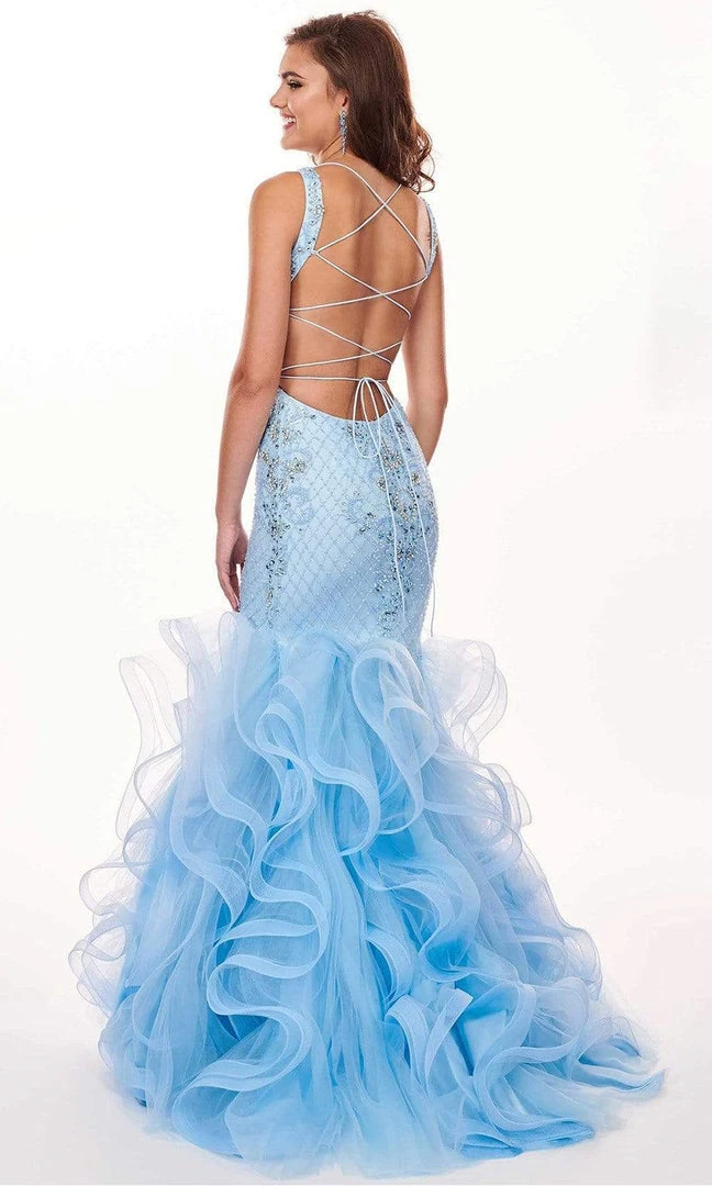 Formal Gowns Rachel Allan - 6420 Beaded Deep V-neck Ruffled Tulle Mermaid Dress 8 Formal Gowns Rachel Allan - 6420 Beaded Deep V-neck Ruffled Tulle Mermaid Dress