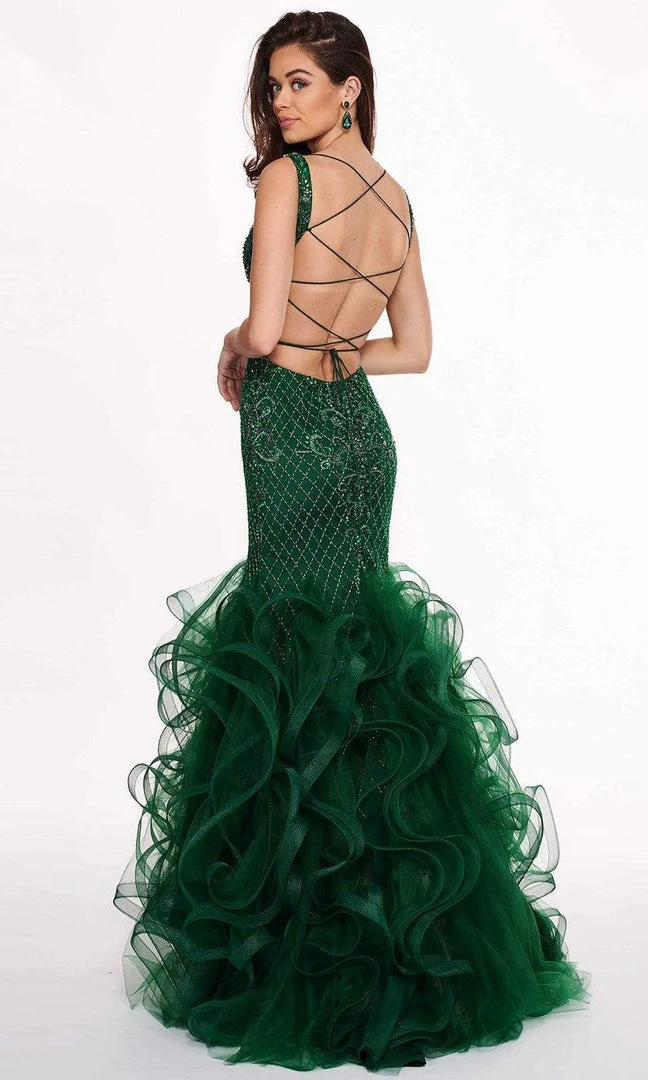 Formal Gowns Rachel Allan - 6420 Beaded Deep V-neck Ruffled Tulle Mermaid Dress 4 Formal Gowns Rachel Allan - 6420 Beaded Deep V-neck Ruffled Tulle Mermaid Dress