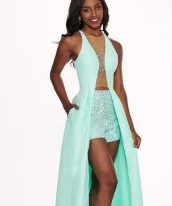 Rachel Allan - 6435 Plunging Illusion Gown With Beaded Shorts Formal Gowns 9 Rachel Allan - 6435 Plunging Illusion Gown With Beaded Shorts Formal Gowns