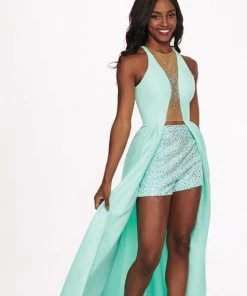 Rachel Allan - 6435 Plunging Illusion Gown With Beaded Shorts Formal Gowns 11 Rachel Allan - 6435 Plunging Illusion Gown With Beaded Shorts Formal Gowns