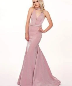 Rachel Allan - 6436 Beaded High Halter Metallic Jersey Mermaid Dress