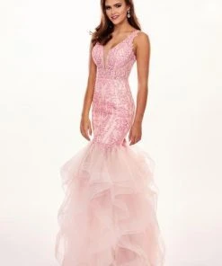 Rachel Allan - 6465 Illusion Plunging V Neck Ruffled Mermaid Gown