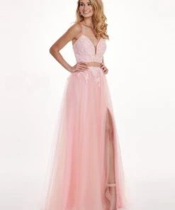 Rachel Allan - 6466 Lace Deep V-neck Tulle A-line Dress