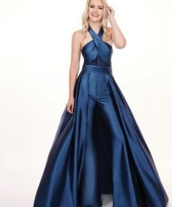 Rachel Allan - 6482 Crisscross Halter Jumpsuit With Overskirt