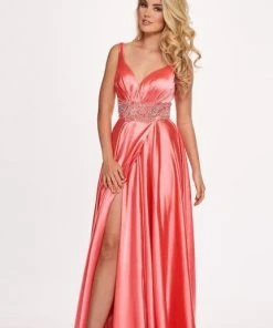 Rachel Allan - 6510 Beaded V-neck Stretch Satin A-line Dress Formal Gowns
