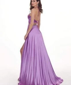 Rachel Allan - 6521 Shirred Double Cutout High Slit Gown