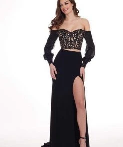 Rachel Allan - 6554 Bishop Sleeve Illusion Corset Bodice Gown Formal Gowns