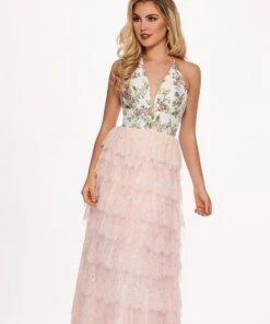 Rachel Allan - 6555 Beaded Floral Plunging Halter Dress Formal Gowns