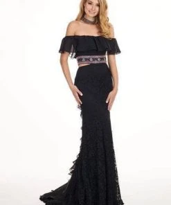 Formal Gowns Rachel Allan - 6563 Sheer Ruffled Off-Shoulder Long Dress - 1 Pc Black In Size 10 Available
