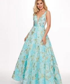 Formal Gowns Rachel Allan - 6564 Plunging V-Neck Printed Brocade Gown