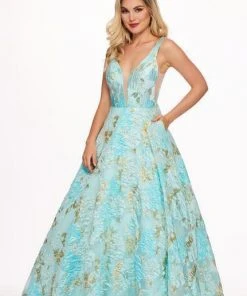 Formal Gowns Rachel Allan - 6564 Plunging V-Neck Printed Brocade Gown 12 Formal Gowns Rachel Allan - 6564 Plunging V-Neck Printed Brocade Gown