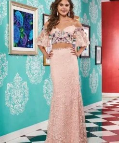Formal Gowns Rachel Allan - 6571 Two Piece Off-Shoulder Lace Dress
