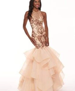 Rachel Allan - 6582 Sequined Halter Ruffled Mermaid Dress