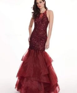 Rachel Allan - 6582 Sequined Halter Ruffled Mermaid Dress