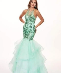Rachel Allan - 6582 Sequined Halter Ruffled Mermaid Dress