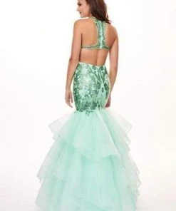 Rachel Allan - 6582 Sequined Halter Ruffled Mermaid Dress