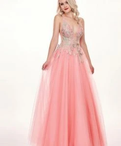 Rachel Allan - 6587 Plunging V-Neck Floral Embroidered Gown Formal Gowns