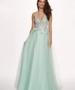 Rachel Allan - 6587 Plunging V-Neck Floral Embroidered Gown Formal Gowns