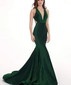 Rachel Allan - 6595 Metallic Jersey Deep V-neck Mermaid Dress Formal Gowns