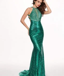 Rachel Allan - 6630 Sequined Halter Trumpet Dress With Train Formal Gowns