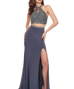 Rachel Allan - 6641 Two-Piece Beaded Halter High Slit Gown