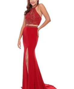 Rachel Allan - 6641 Two-Piece Beaded Halter High Slit Gown