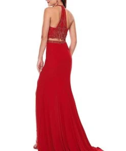 Rachel Allan - 6641 Two-Piece Beaded Halter High Slit Gown