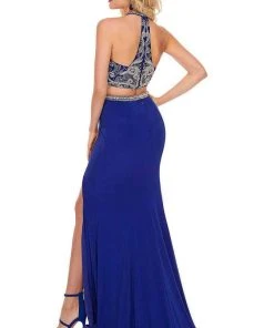 Rachel Allan - 6641 Two-Piece Beaded Halter High Slit Gown