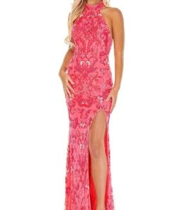 Rachel Allan - 70000 High Neck Beaded Long Dress - 1 Pc Neon Pink Coral In Size 6 Available