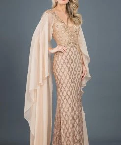 Rachel Allan Couture - 8281 Plunging V Neck Lattice Cape Gown