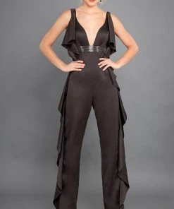 Rachel Allan Couture - 8308 Embellished Deep V-neck Jumpsuit
