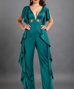 Rachel Allan Couture - 8308 Embellished Deep V-neck Jumpsuit