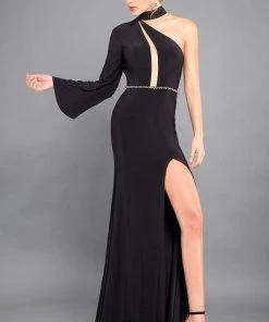 Rachel Allan Couture - 8313 Fitted High Neck One Shoulder Strap Dress