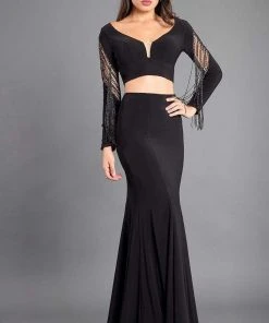 Rachel Allan Couture - 8326 Two Piece Plunging Fitted Tassel Gown Formal Gowns