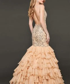 Rachel Allan Couture - 8414 Embellished Deep V-neck Mermaid Dress