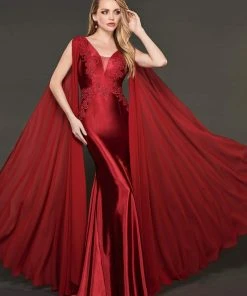 Formal Gowns Rachel Allan Couture - 8420 Lace Embroidered Trumpet Dress With Cape
