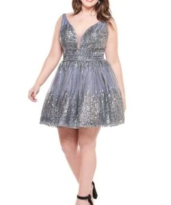 Rachel Allan Curves - 4832 Embellished Deep V-neck Tulle A-line Dress Cocktail Dresses